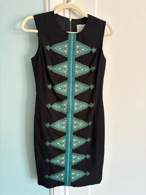 Tabitha Black Mini Dress with Teal and Gold Beaded Center